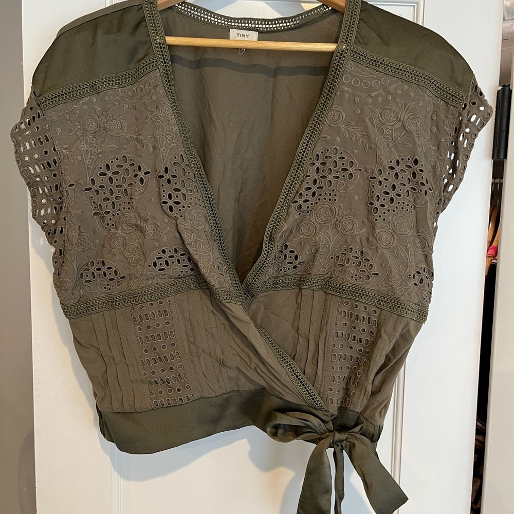 Mock wrap blouse, olive green